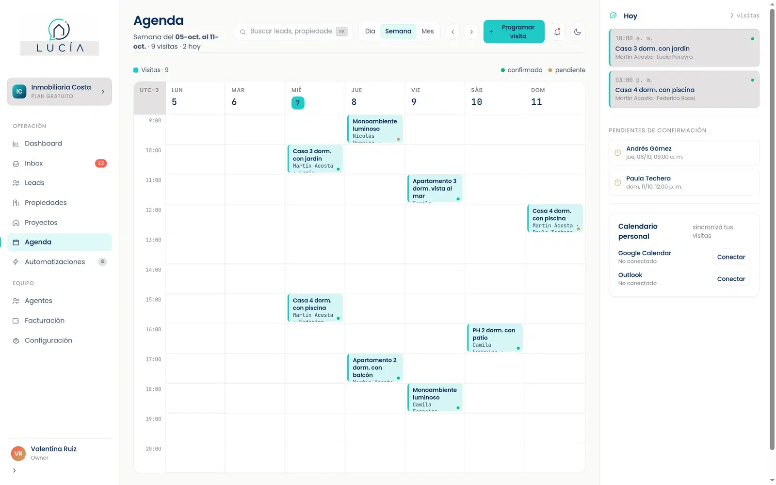 Agenda semanal con visitas a propiedades confirmadas y pendientes