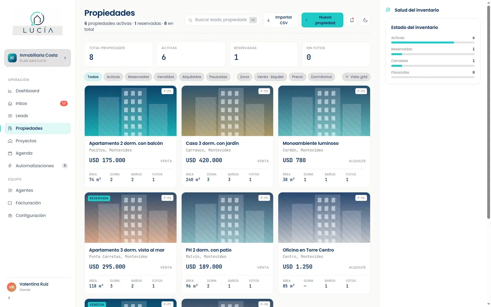 Listado de propiedades con fotos, precio y estado